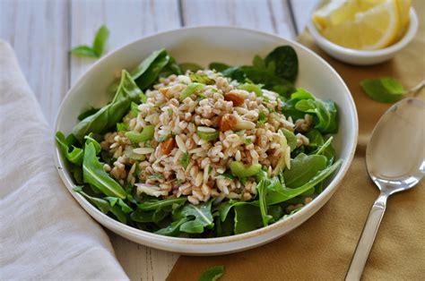 Vegan Farro Pasta Salad with Orzo, Almonds & Mint with Lemon Dressing