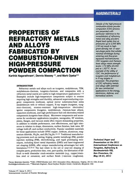 (PDF) Properties of refractory metals and alloys fabricated by combustion-driven high-pressure ...