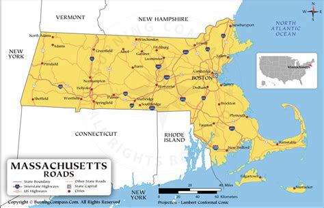 Massachusetts Road Map with Interstate Highways and US Highways