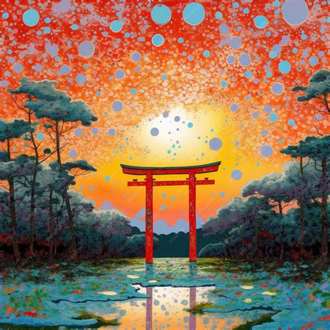 Premium AI Image | painting of a red tori gate in a lake with trees and ...