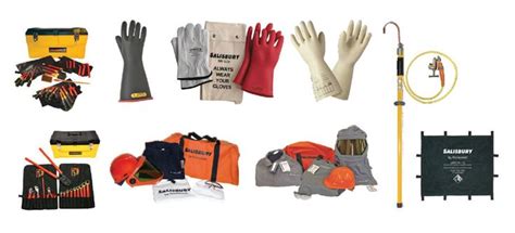 an assortment of safety equipment including gloves, fire extinguishers and other items