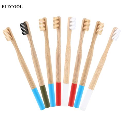 2 pcs Eco friendly 8 Color Natural Bamboo Toothbrush Round Bamboo Handle Soft Bristle Healthy ...