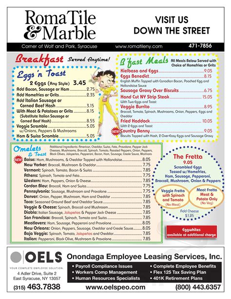 Stella's Diner menu in Syracuse, New York, USA