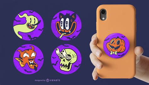 Halloween Retro Cartoon Characters Popsockets Vector Download