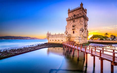 Lisbon Belem Tower Fortress Sunset Sky Landscape Preview | 10wallpaper.com