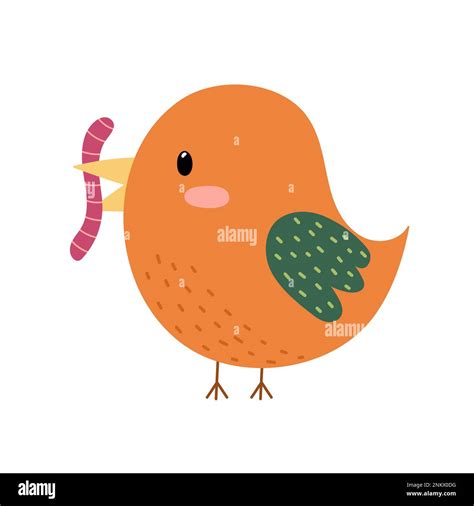 Cute bird eating a worm in cartoon style. Funny character with ...