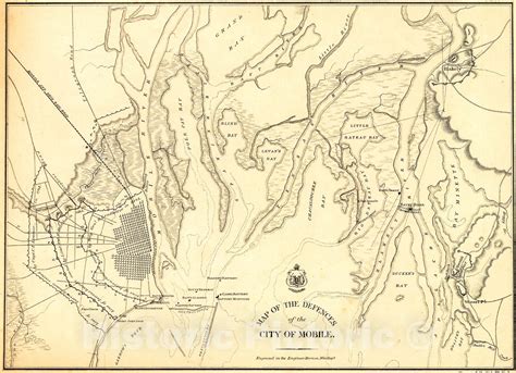 Historic 1866 Map - Map of The defences of The City of Mobile. 1862-64 - Historic Pictoric