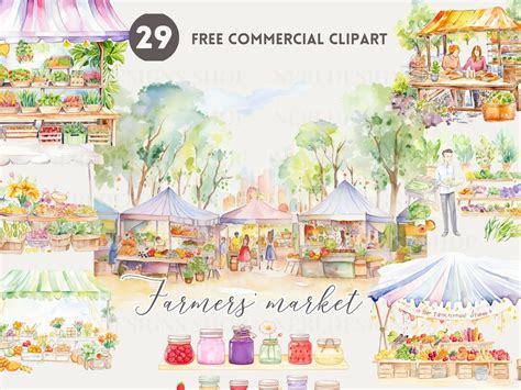 Farmers' Market Watercolor Clipart, Market Stall Free Commercial PNG, Fruit Stall Graphic ...