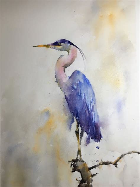 Great Blue Heron on Branch Original Watercolor Painting - Michele Clamp Art