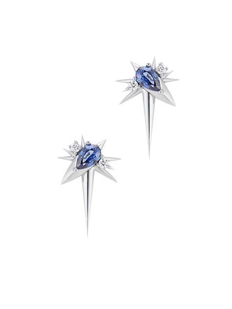 White gold - blue sapphire & diamond drop earrings - spike earrings by Harlin Jones | Finematter