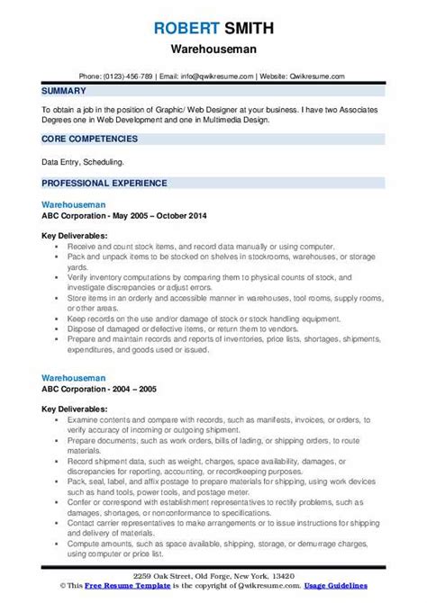 Warehouseman Resume Samples | QwikResume