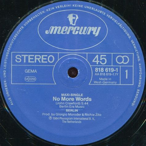 Berlin | No More Words (Dance Remix) | Vinyl (12", 45 RPM, Maxi-Single ...