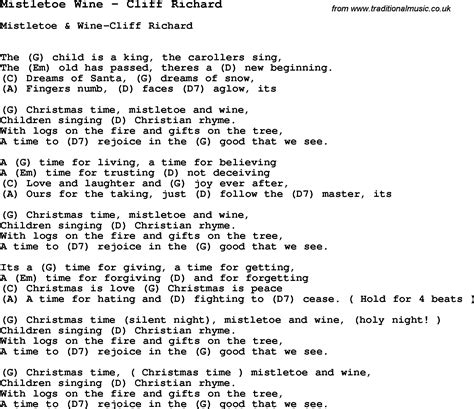 Song Mistletoe Wine by Cliff Richard, song lyric for vocal performance plus accompaniment chords ...