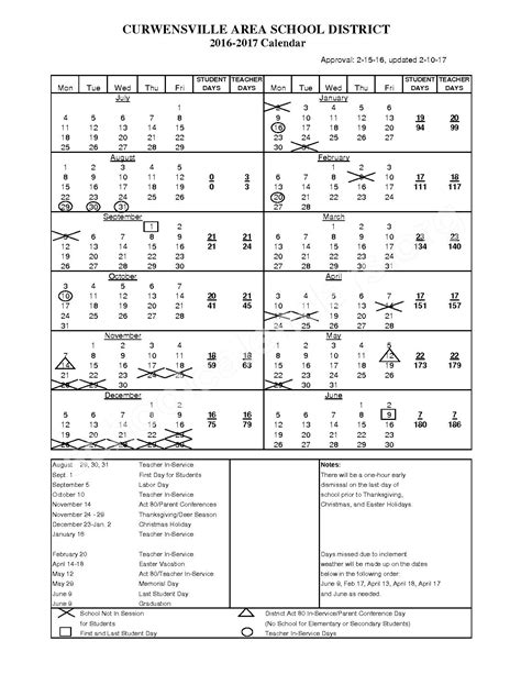 2016 - 2017 School Calendar | Curwensville Area School District – Pennsylvania