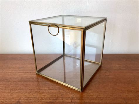 Glass Curio Cube Box - Glass Brass Curio Box - Glass Display Case w Lid - Lidded Glass + Brass ...