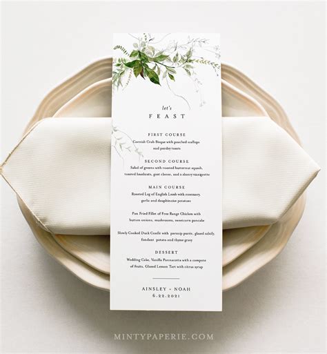 Modern Menu Template Minimalist Greenery Wedding Dinner Menu | Etsy