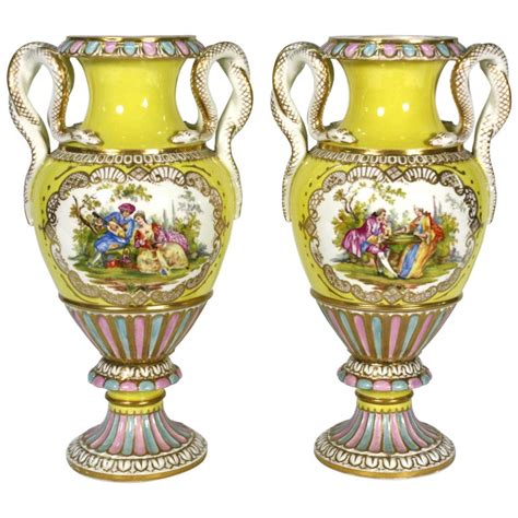 Pair of Meissen Porcelain Vases with Snake Handles For Sale at 1stDibs