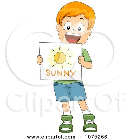 Clipart White School Boy Holding A Sunny Weather Flash Card - Royalty Free Vector Illustration ...