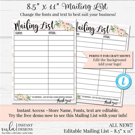 DIY Mailing List Editable Mailing List Form DIY Form Full | Etsy | Mailing list template ...