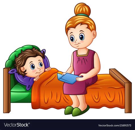 illustration of Cartoon mother reading bedtime story to her son before sleeping. Download a Free ...