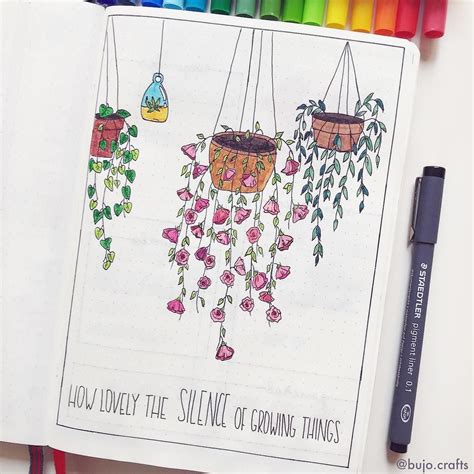 Bullet journal quote page, hanging flowers drawing, hanging plants ...