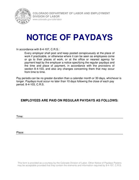 Free Colorado Colorado Paydays Notice Labor Law Poster 2025