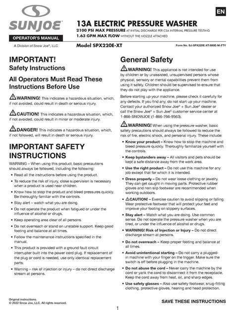 SNOWJOE SUNJOE SPX220E-XT OPERATOR'S MANUAL Pdf Download | ManualsLib