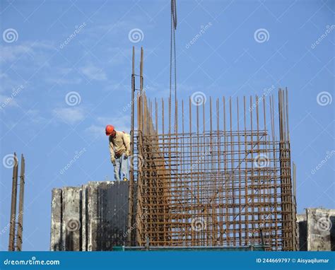 Construction Workers Install Reinforcement Bars at the Construction ...