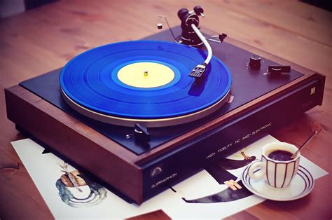 Vintage • Black, brown, and blue vinyl record player, vintage , coffee ...