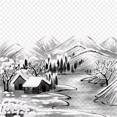 Snow Scene PNG Image, Mountain Snow Scene Ink Painting Png Free ...