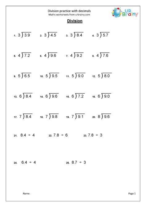 Division practice with decimals - Division Maths Worksheets for Year 5 ...