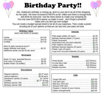 Birthday Party Budget {editable} #partybudgeting In this project students will be party planners ...