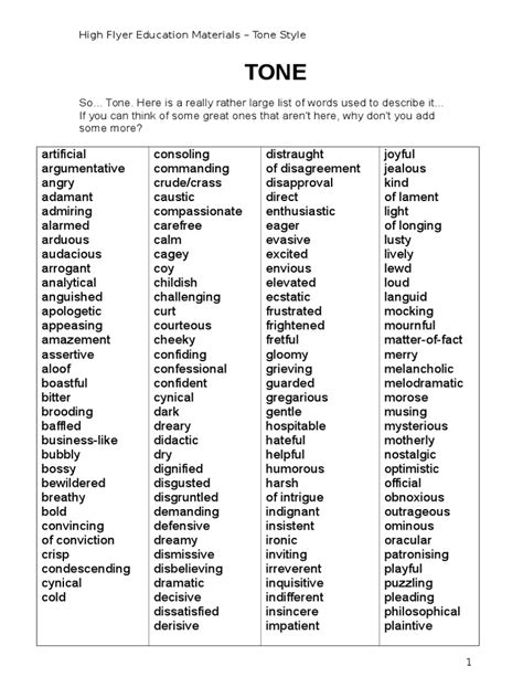 Words For Describing Tone For Writing Commentary | PDF