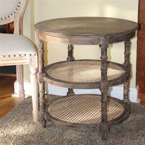 Three Tier Round Wood Side Table with Cane Rattan Country Farm Style ...