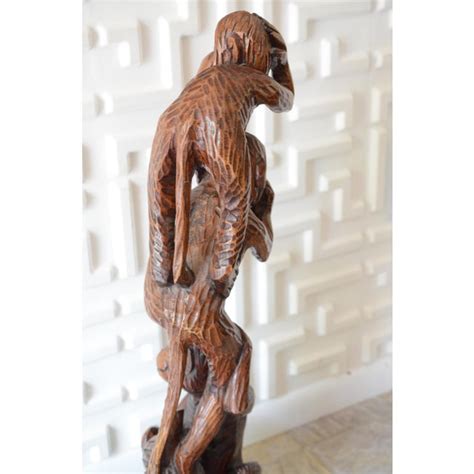 Wood Carved Monkey See No Evil Statue | Chairish