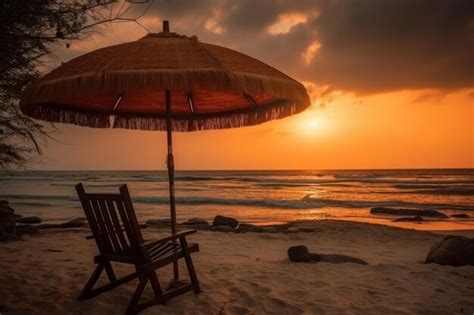 Premium Photo | Umbrella and hammock during sunset on the beach