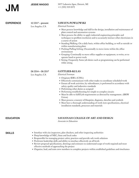 Electrical Foreman Resume Samples | Velvet Jobs