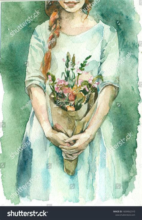 Watercolor Drawing Girl Mint Dress Red Stock Illustration 1609062310 | Shutterstock