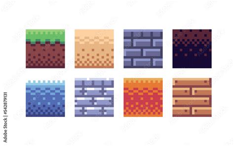 Square tile pixel art set. Different ground texture grid collection. 8 bit sprite. Game ...