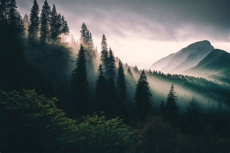 Premium AI Image | Foggy landscape with pine forest and mountains ...