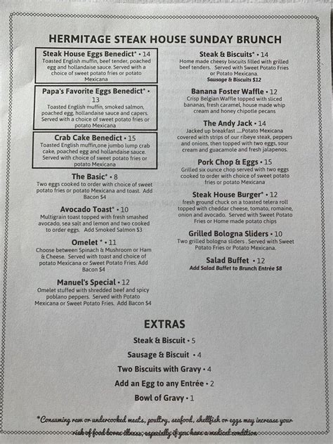 Menu at Hermitage Steak House steakhouse, Nashville, Lebanon Pike