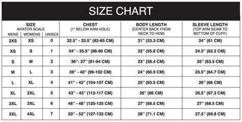 Size Charts - Aviator