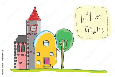 Vector illustration of old little town. Cartoon historic buildings city ...