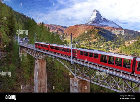 Zermatt, Switzerland. Gornergrat train on bridge Stock Photo - Alamy