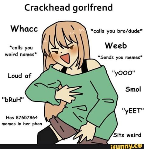 Crackhead gorlfrend *calls you bro/dude* Weeb *Sends memes* *calls weird names* AS Has 87657864 ...