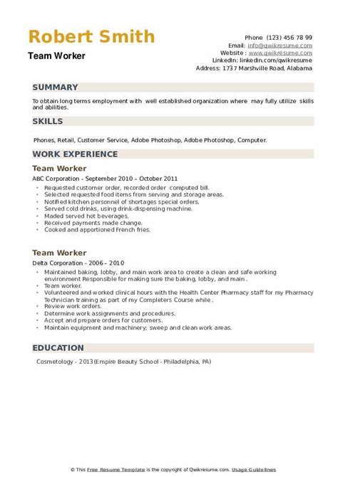 Team Worker Resume Samples | QwikResume