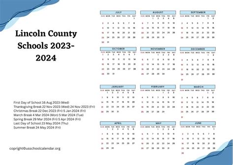 Lincoln County Schools Calendar with Holidays 2023-2024