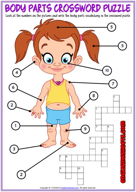 Body Parts ESL Printable Crossword Puzzle Worksheet