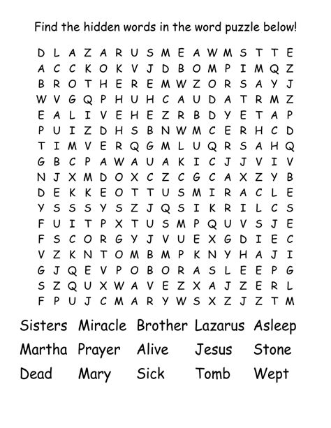 Jesus Raises Lazarus Word Search - WordMint