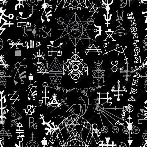 Seamless pattern with white abstract mystic symbols on black. Esoteric ...